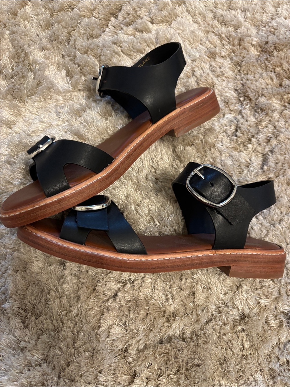 Everlane Black Leather Buckle Sandals with Tan Sole - Picture 7 of 8